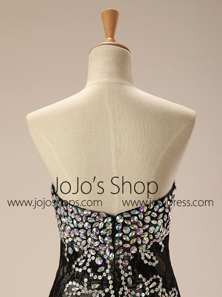 Strapless Black Jeweled Lace Formal Evening Dress EN103