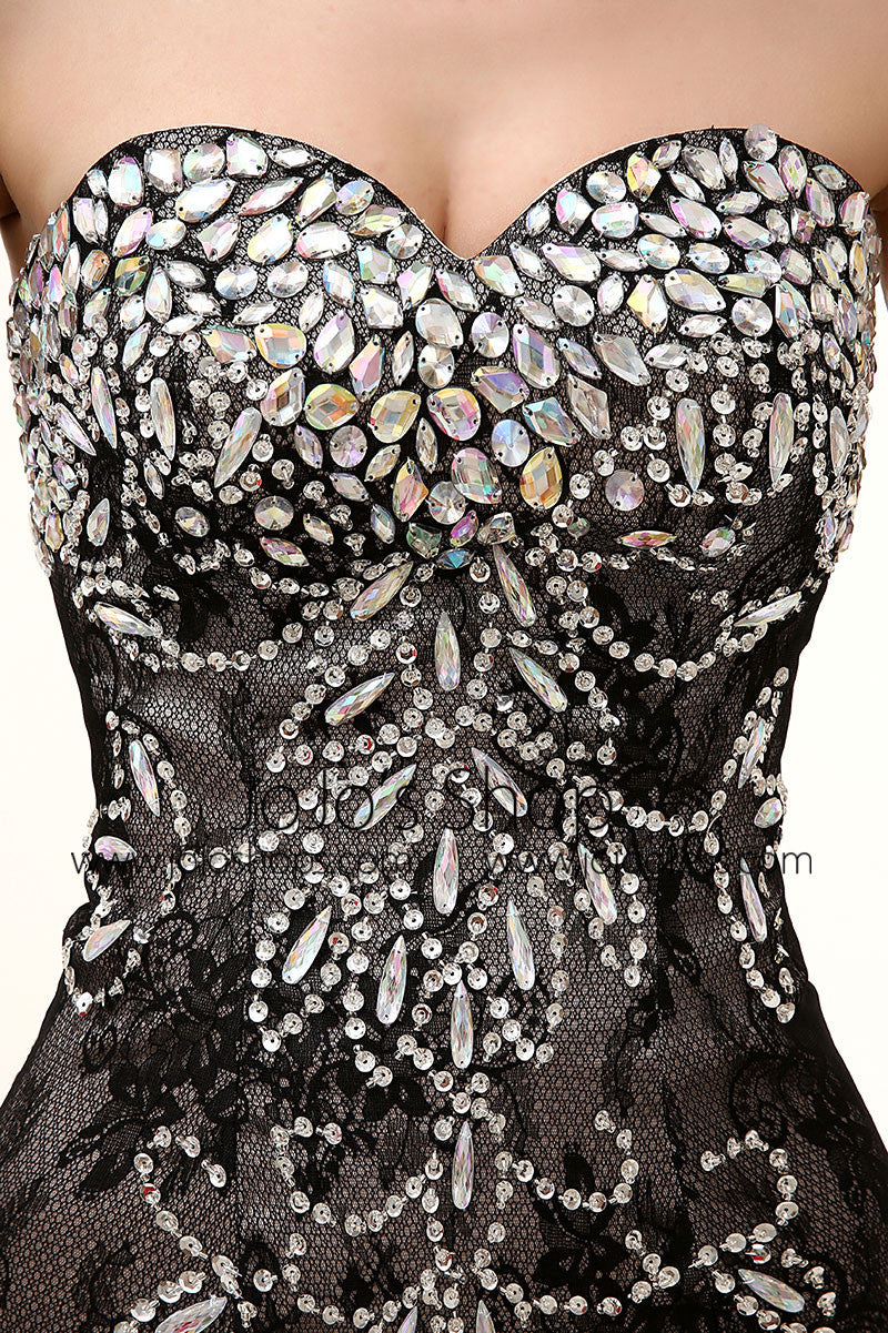 Strapless Black Jeweled Lace Formal Evening Dress EN103