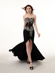 Strapless Black Long Prom Formal Dress with Side Slit