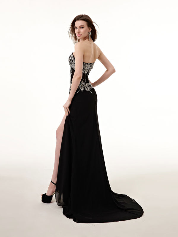 Strapless Black Long Prom Formal Dress with Side Slit