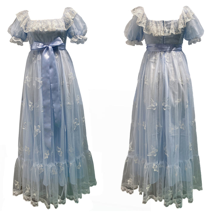 Sky Blue Regency Lace Empire Long Dress VT1005