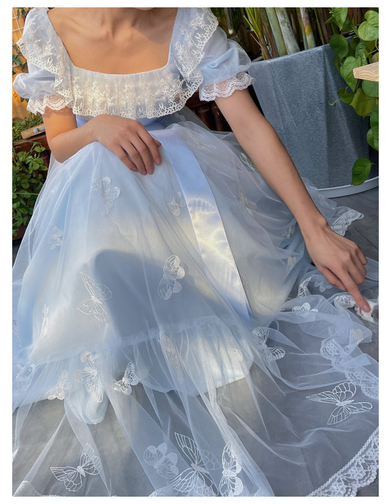 Sky Blue Regency Lace Empire Long Dress VT1005