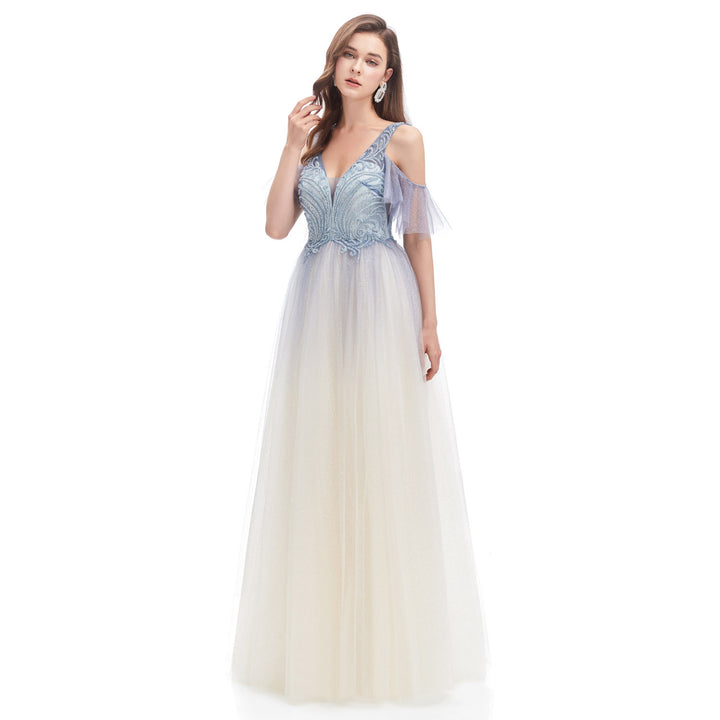 Gray Blue Ombre Maxi Full Length Formal Evening Dress EN4611