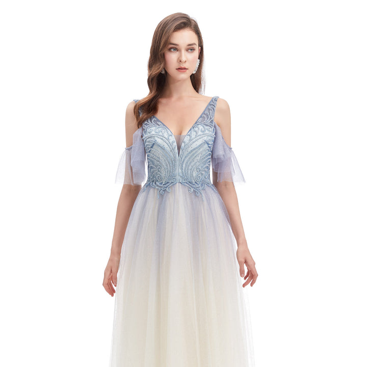 Gray Blue Ombre Maxi Full Length Formal Evening Dress EN4611