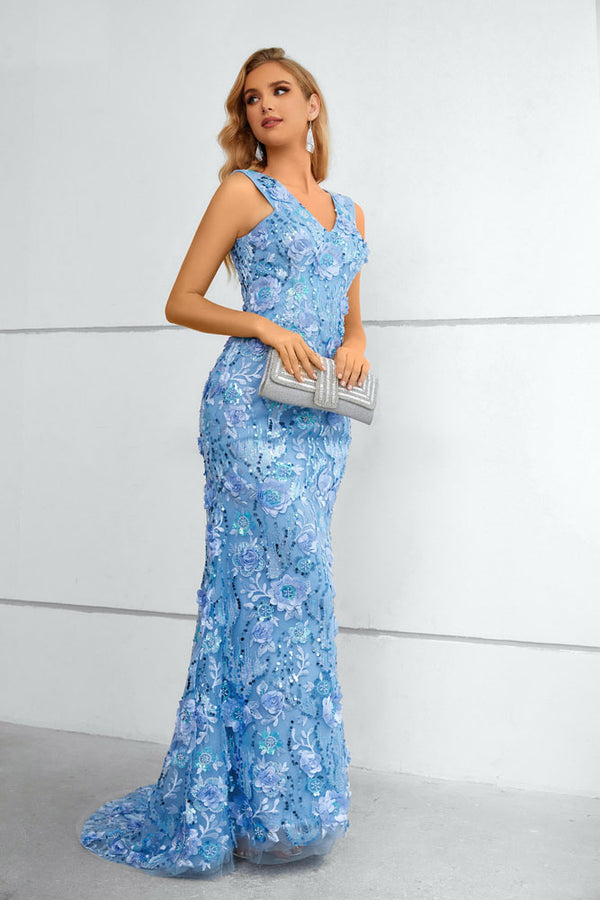 Blue Fitted Maxi Long Floral Lace Formal Prom Evening Dress EN5606