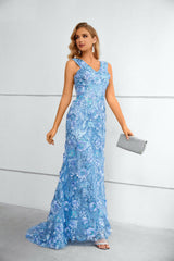 Blue Fitted Maxi Long Floral Lace Formal Prom Evening Dress EN5606
