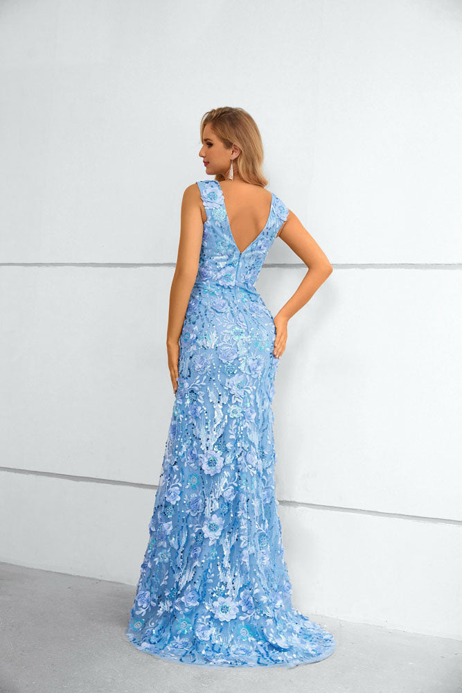 Blue Fitted Maxi Long Floral Lace Formal Prom Evening Dress EN5606