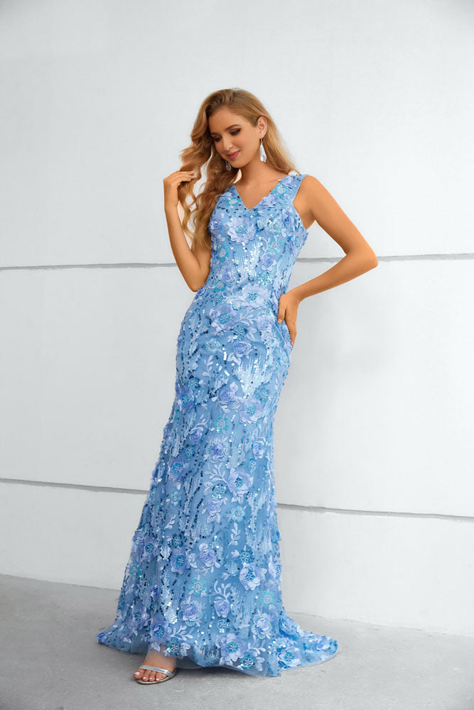 Blue Fitted Maxi Long Floral Lace Formal Prom Evening Dress EN5606