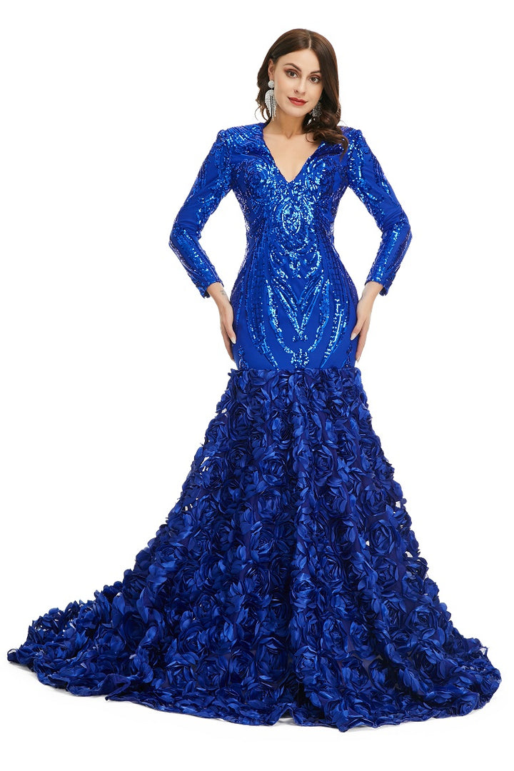 Royal Blue Sparkly Fitted Long Evening Dress with Rosette Skirt EN5006