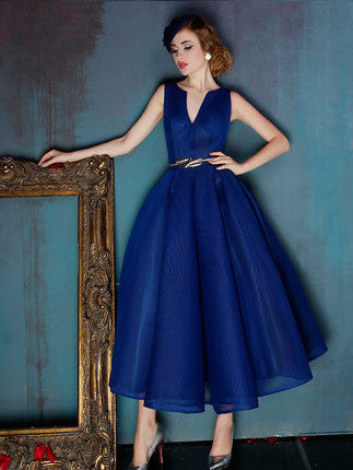 Royal Blue V Neck Ankle Length Evening Prom Formal Dress
