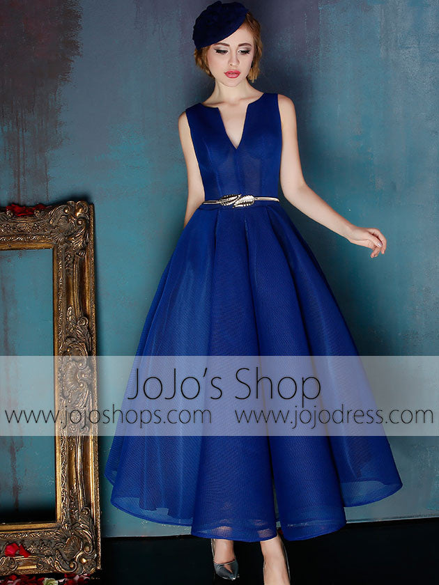 Dark Blue V Neck Ankle Length Evening Prom Formal Dress | X038