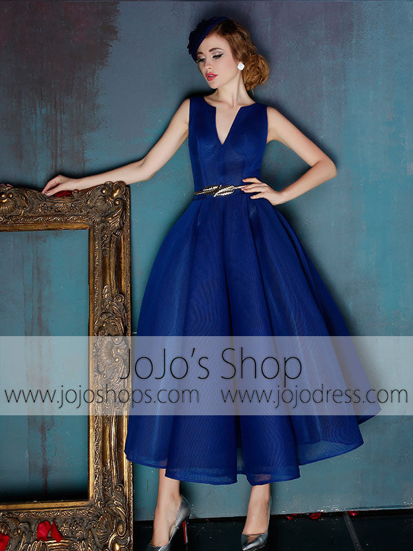 Dark Blue V Neck Ankle Length Evening Prom Formal Dress | X038