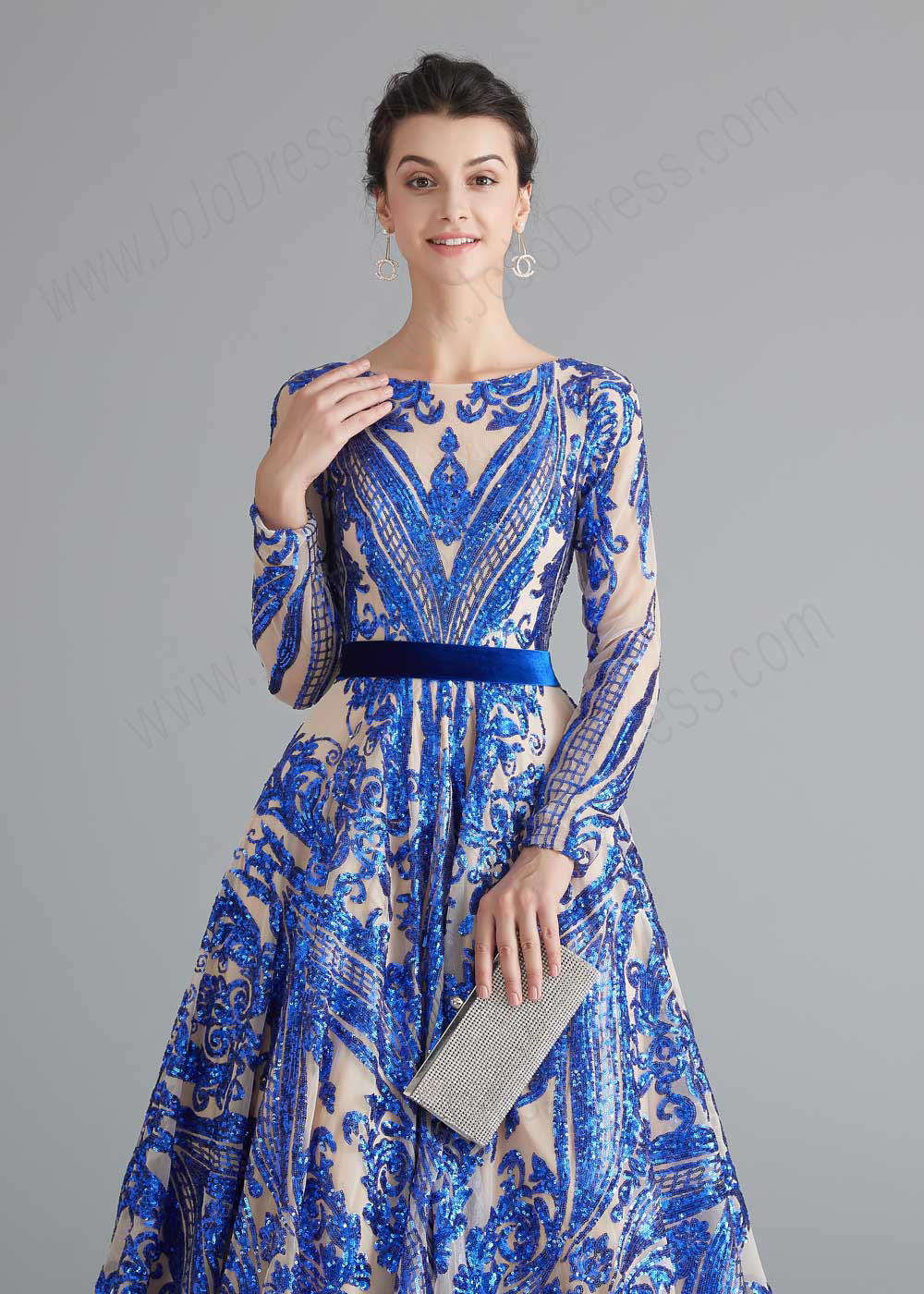 Blue Shimmery Sequin Ball Gown a-line Home Coming Prom Dress with Low Corset Back