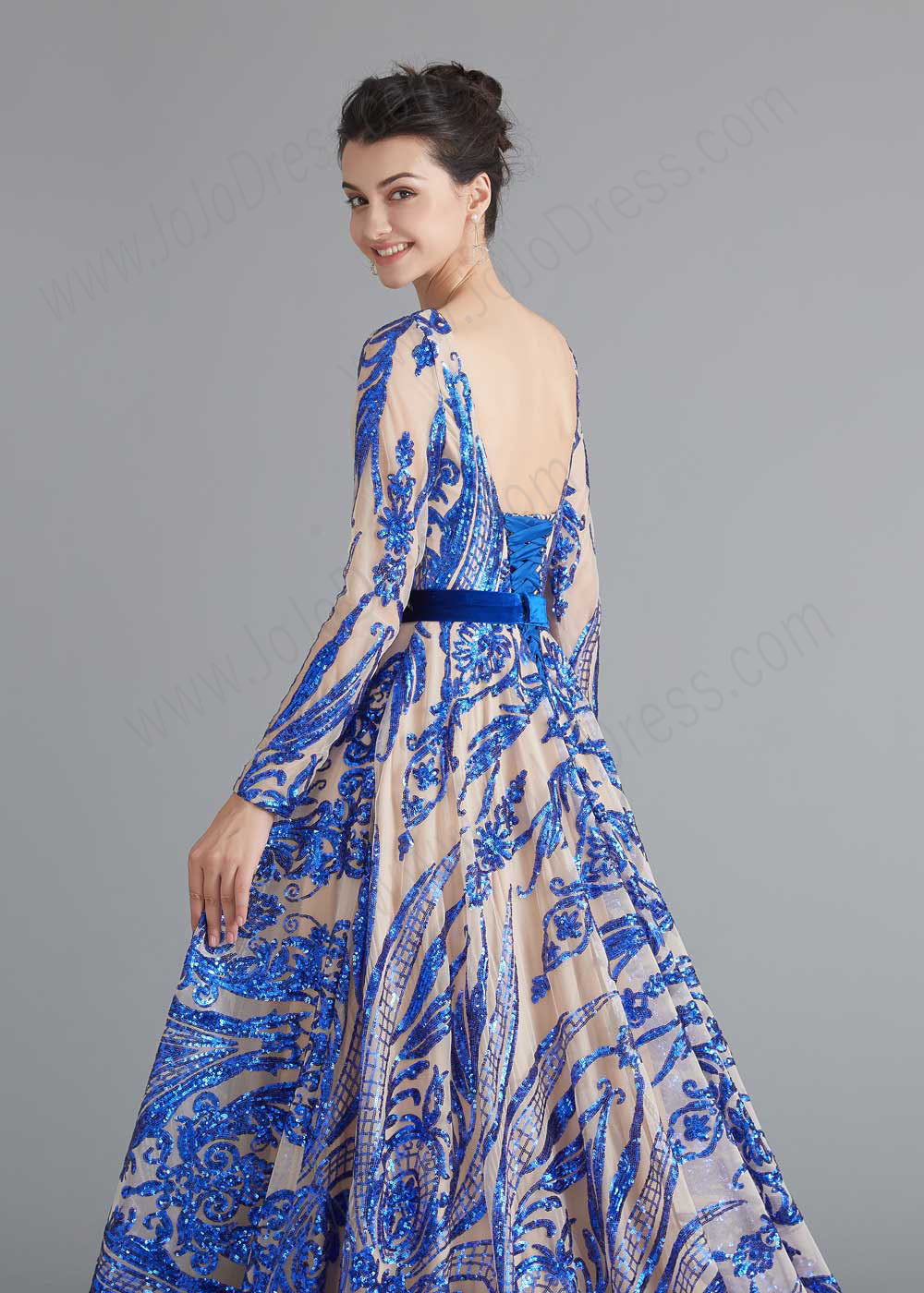 Blue Shimmery Sequin Ball Gown a-line Home Coming Prom Dress with Low Corset Back