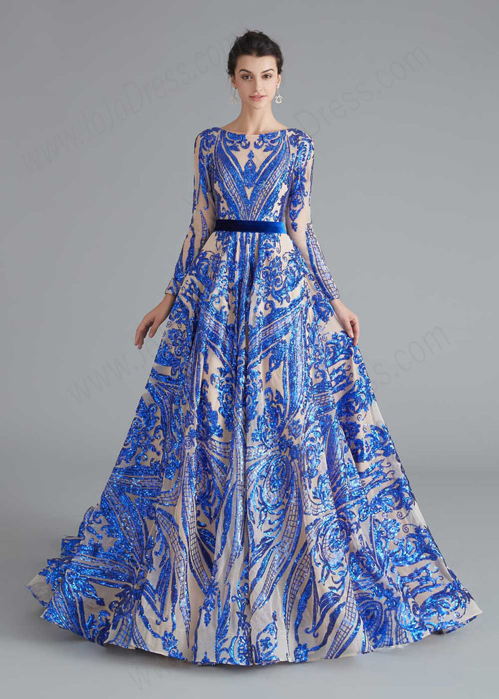 Blue Shimmery Sequin Ball Gown a-line Home Coming Prom Dress with Low Corset Back