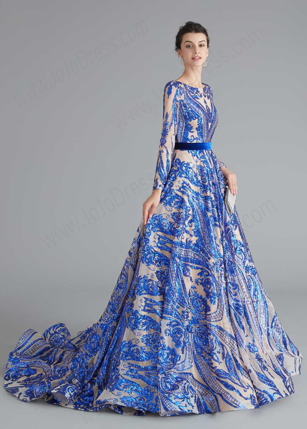 Blue Shimmery Sequin Ball Gown a-line Home Coming Prom Dress with Low Corset Back