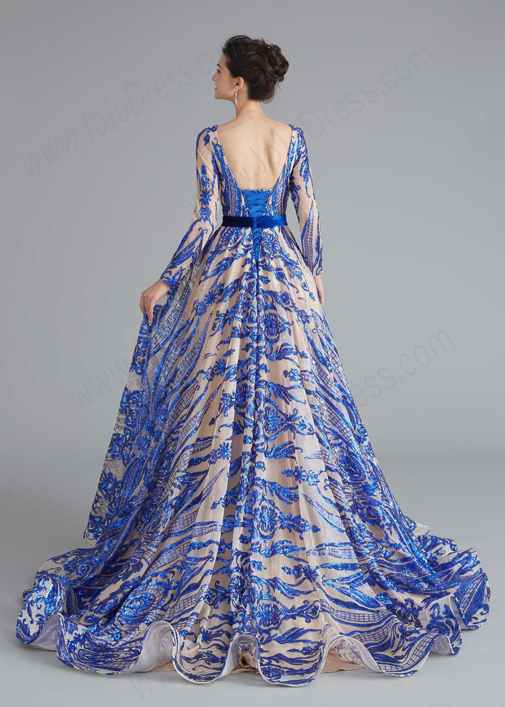 Blue Shimmery Sequin Ball Gown a-line Home Coming Prom Dress with Low Corset Back