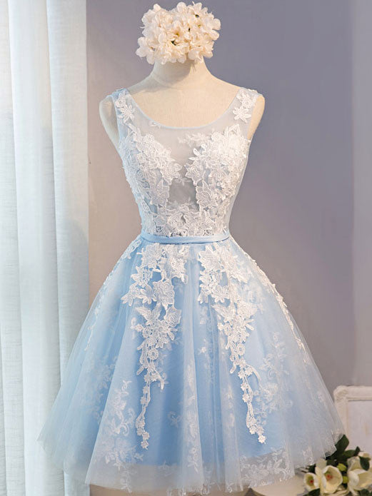 Short Blue Lace Prom Bridesmaid Formal Dress