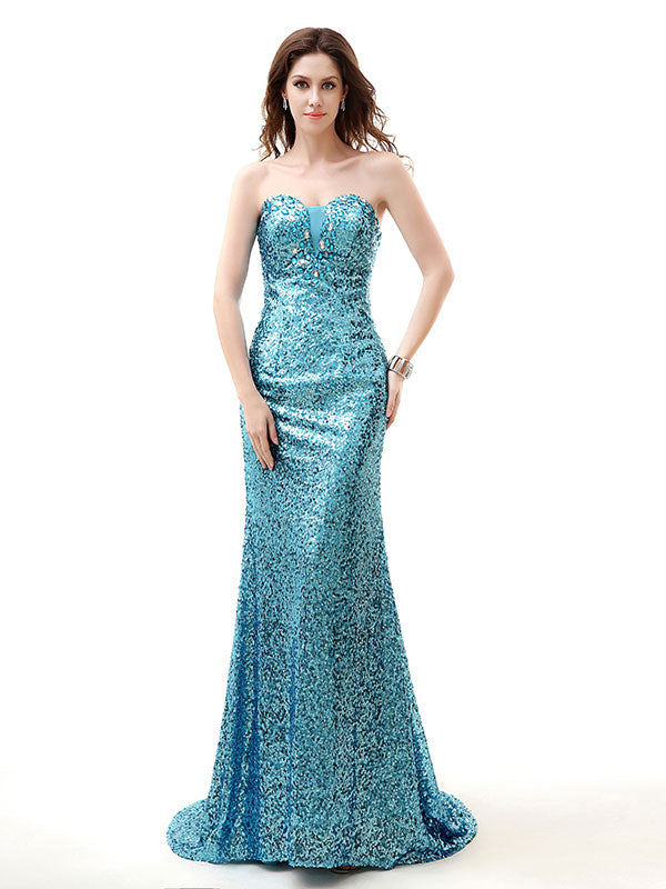 Sparkly Blue Strapless Formal Prom Evening Dress