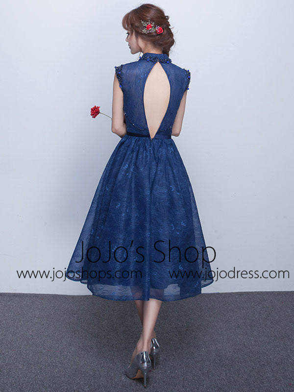 Dark Blue Tea Length Lace Formal Dress with Keyhole Back