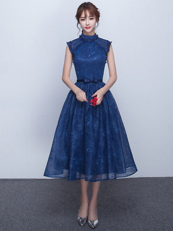 Dark Blue Tea Length Lace Formal Dress with Keyhole Back