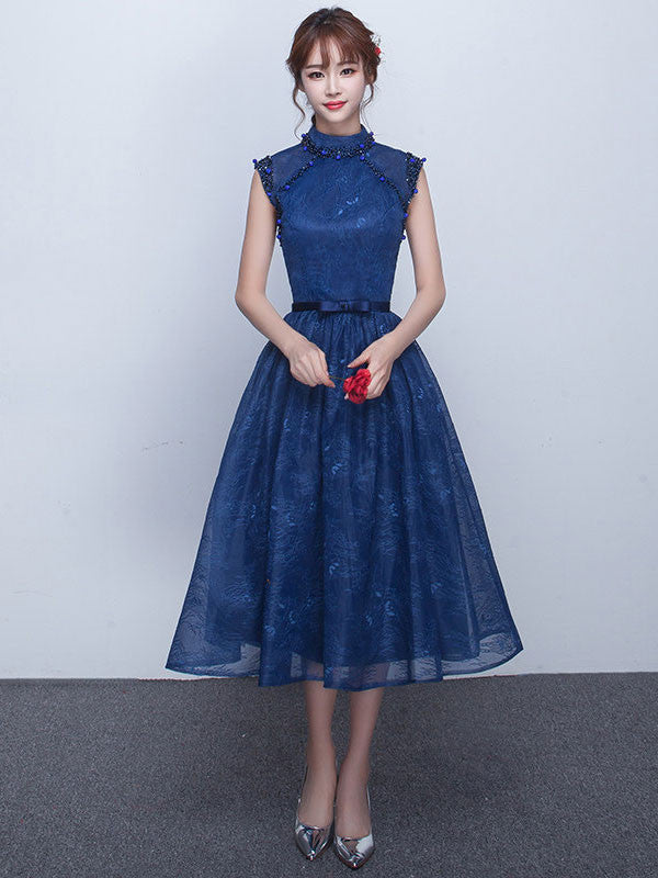 Dark Blue Tea Length Lace Formal Dress with Keyhole Back Size 18W / Other