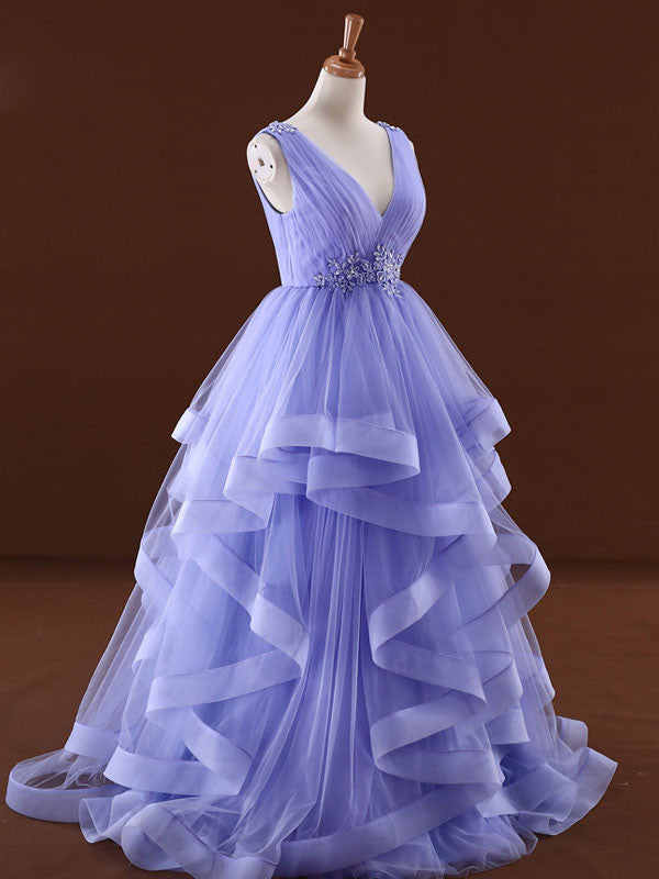 Blue V Neck Formal Prom Dress with Ruffle Skirt RS201605