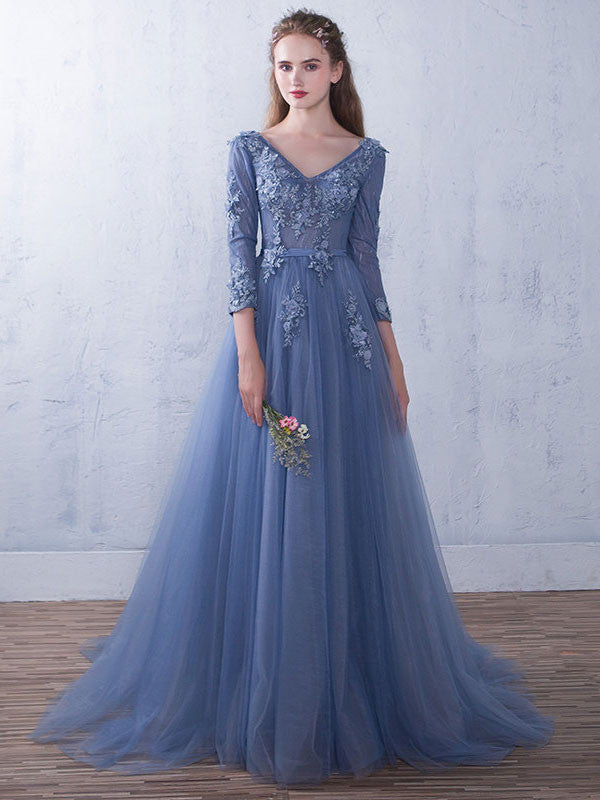 Blue V Neck Lace Tulle Evening Gown XLD1003