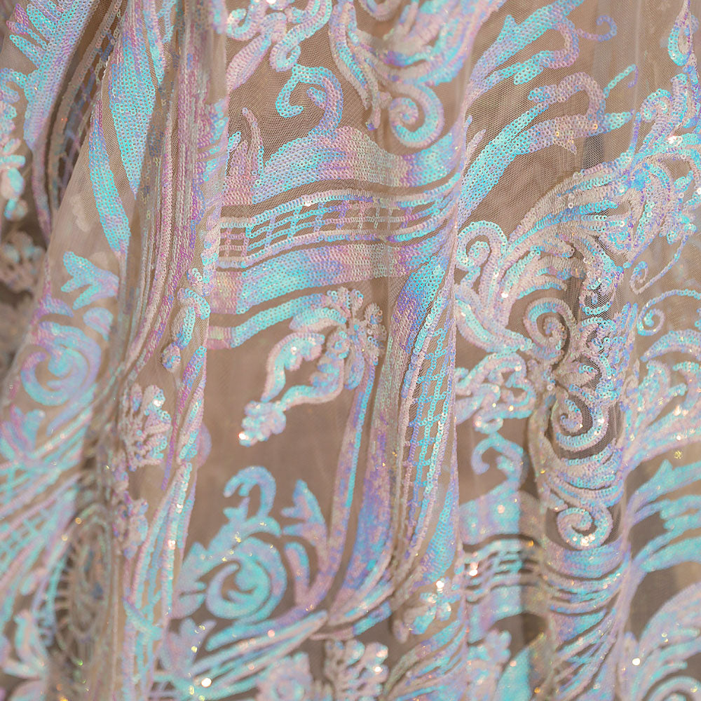 Hot Beige Long Fitted Sequins Lace Mermaid Evening Dress with Plunging Neck EN5405