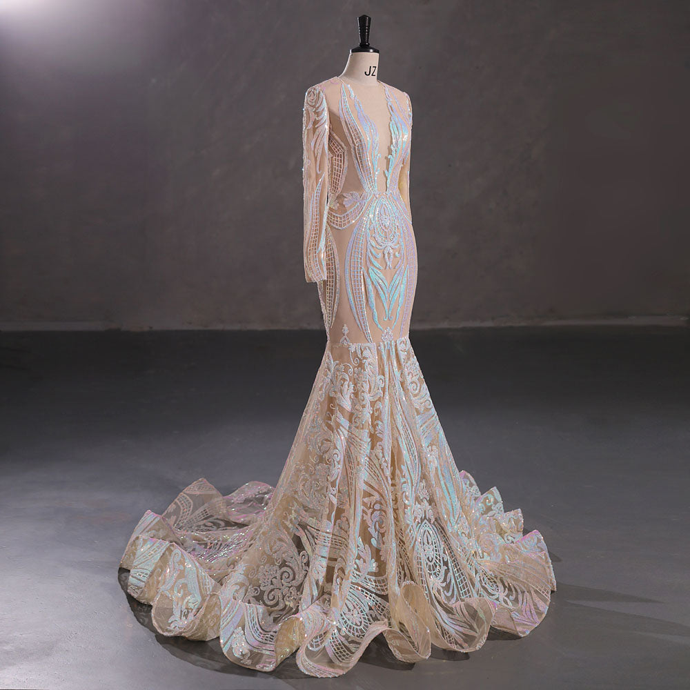 Hot Beige Long Fitted Sequins Lace Mermaid Evening Dress with Plunging Neck EN5405