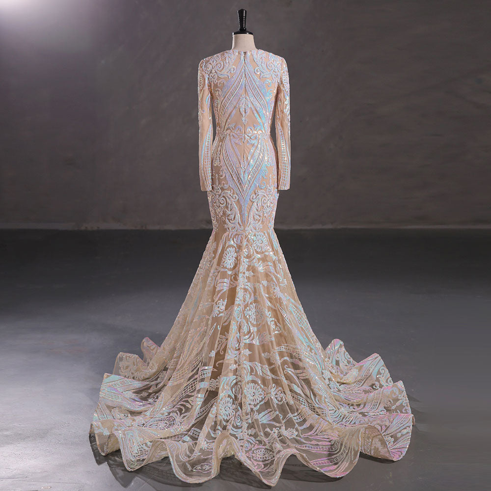 Hot Beige Long Fitted Sequins Lace Mermaid Evening Dress with Plunging Neck EN5405