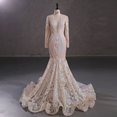 Hot Beige Long Fitted Sequins Lace Mermaid Evening Dress with Plunging Neck EN5405