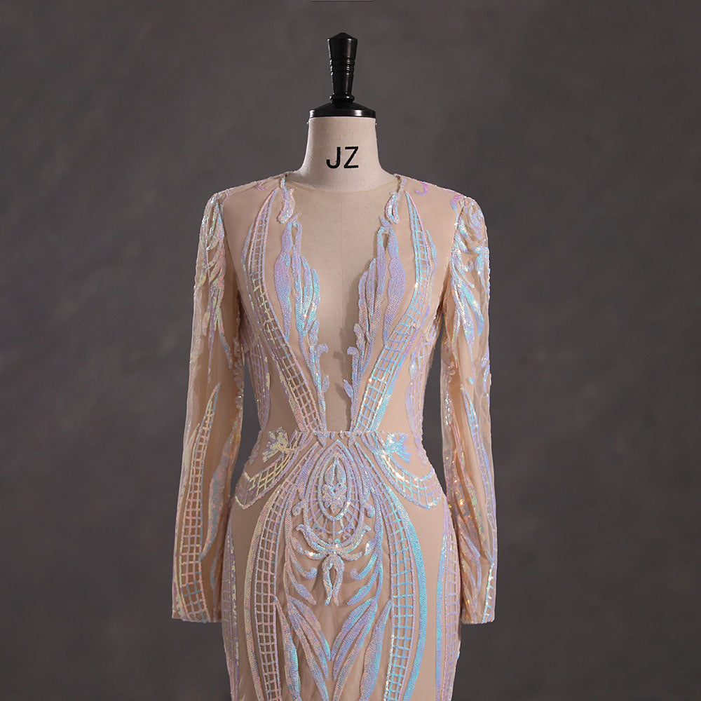 Hot Beige Long Fitted Sequins Lace Mermaid Evening Dress with Plunging Neck EN5405
