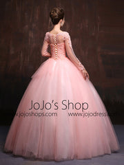 Modest Blush Pink Long Sleeves Quinceanera Ball Gown Prom Dress Home Coming Dress Sweet Sixteen Dress X023