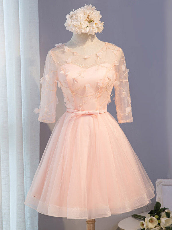 Blush Pink Short Lace Petal Sweet Sixteen Prom Formal Dress