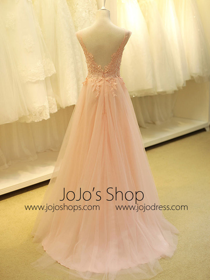 Blush Pink Lace Formal Prom Evening Dress with Open Back