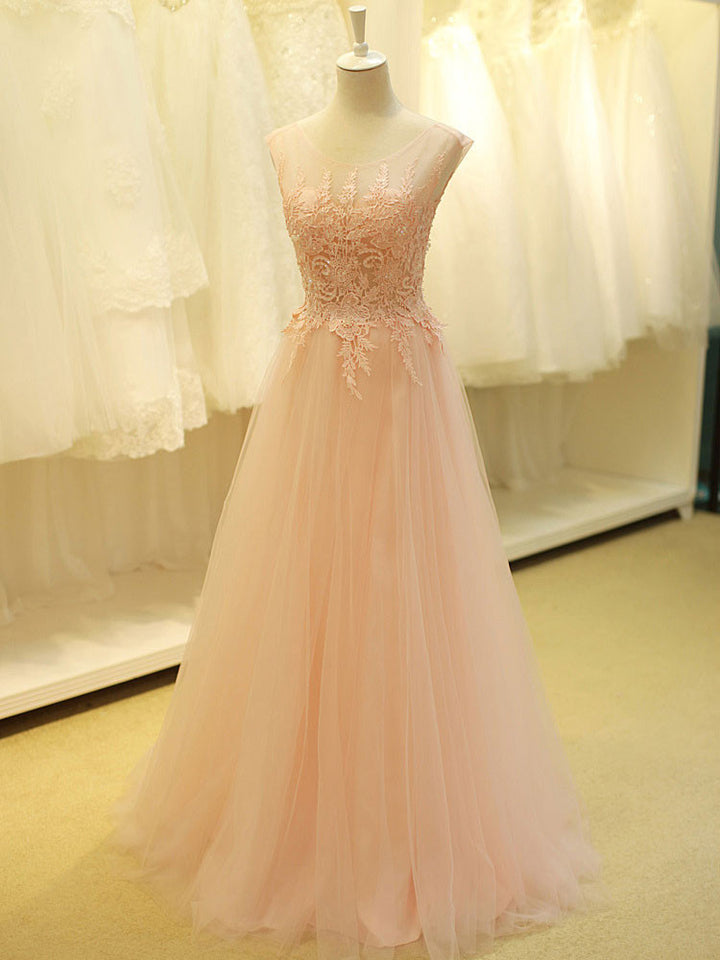 Blush Pink Lace Formal Prom Evening Dress with Open Back