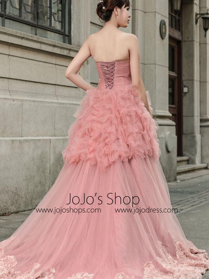 Dark Pink Strapless Tulle Ball Gown Pageant Evening Dress 