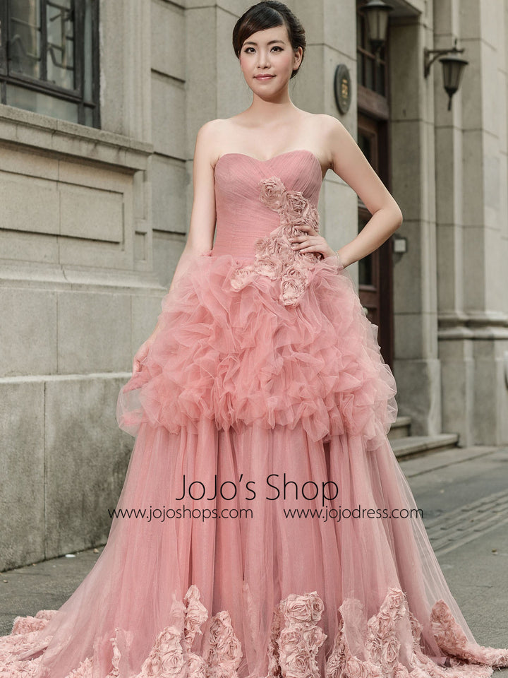 Dark Pink Strapless Tulle Ball Gown Pageant Evening Dress 