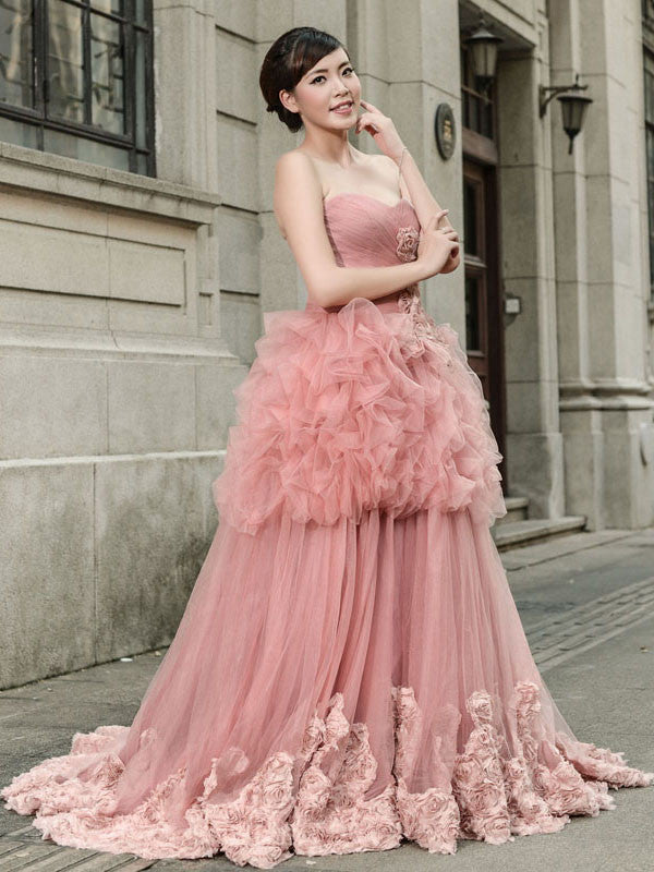 Dark Pink Strapless Tulle Ball Gown Pageant Evening Dress 