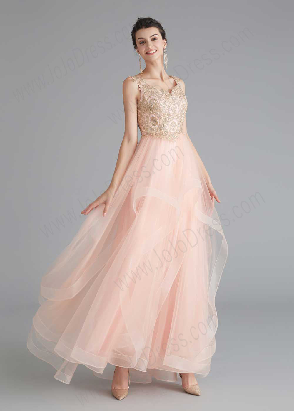 Blush Sleeveless Prom Dress with Gold Lace and Ruffle Skirt