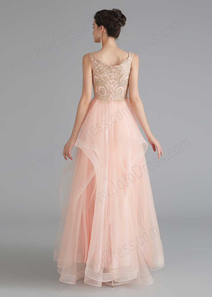 Blush Sleeveless Prom Dress with Gold Lace and Ruffle Skirt