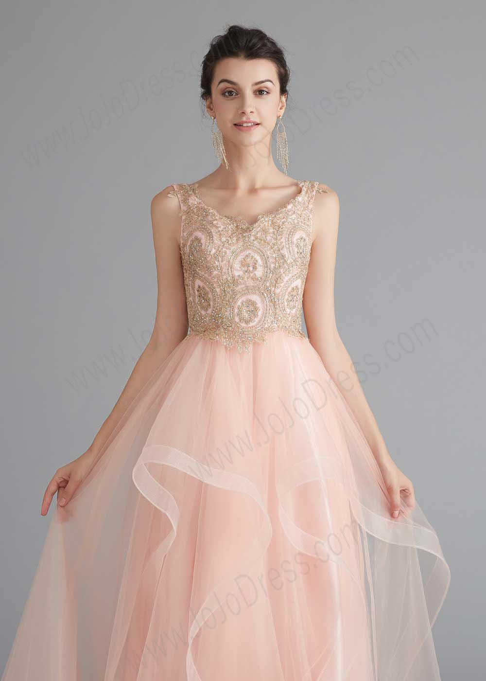 Blush Sleeveless Prom Dress with Gold Lace and Ruffle Skirt
