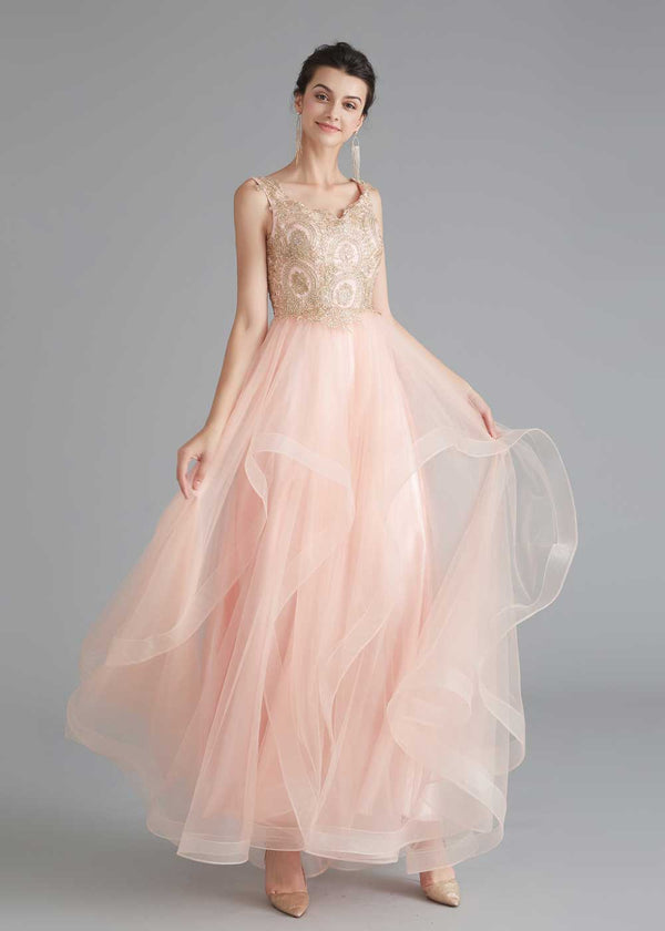 Blush Sleeveless Prom Dress with Gold Lace and Ruffle Skirt