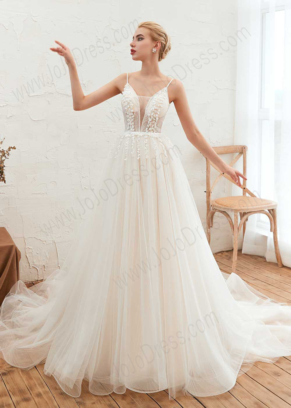 Bohemian A-line Tulle Lace Dress with Illusion Neckline EN193333349