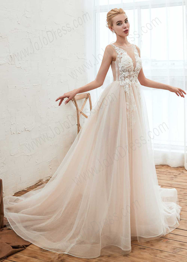 Bohemian A-line Tulle Lace Dress with Illusion Neckline