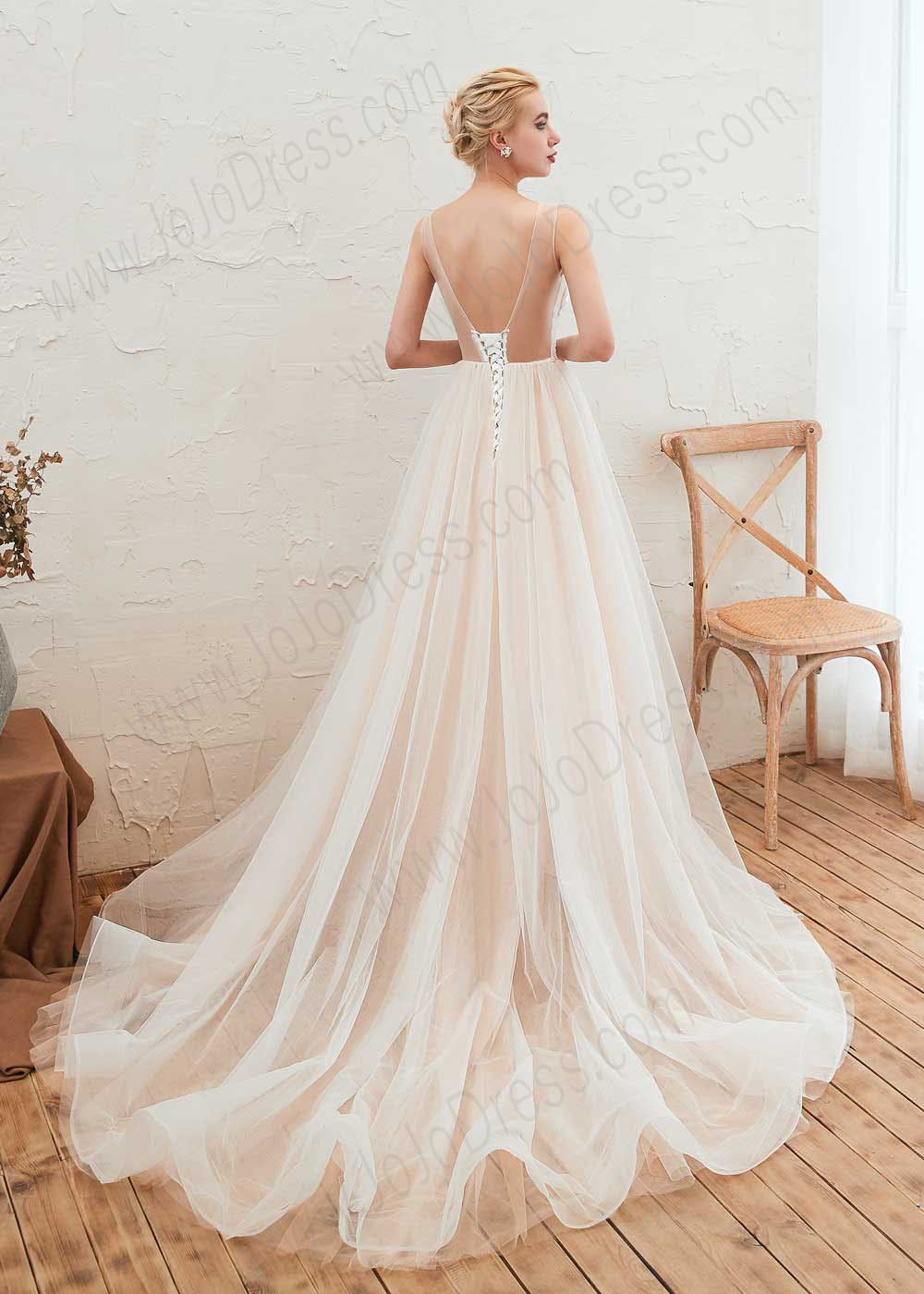 dress tulle lace Bohemian A-line Tulle Lace Dress with Illusion Neckline Size 14 / Champagne