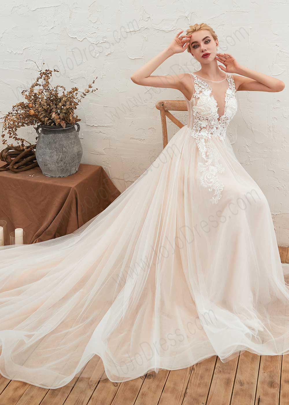 Bohemian A-line Tulle Lace Dress with Illusion Neckline