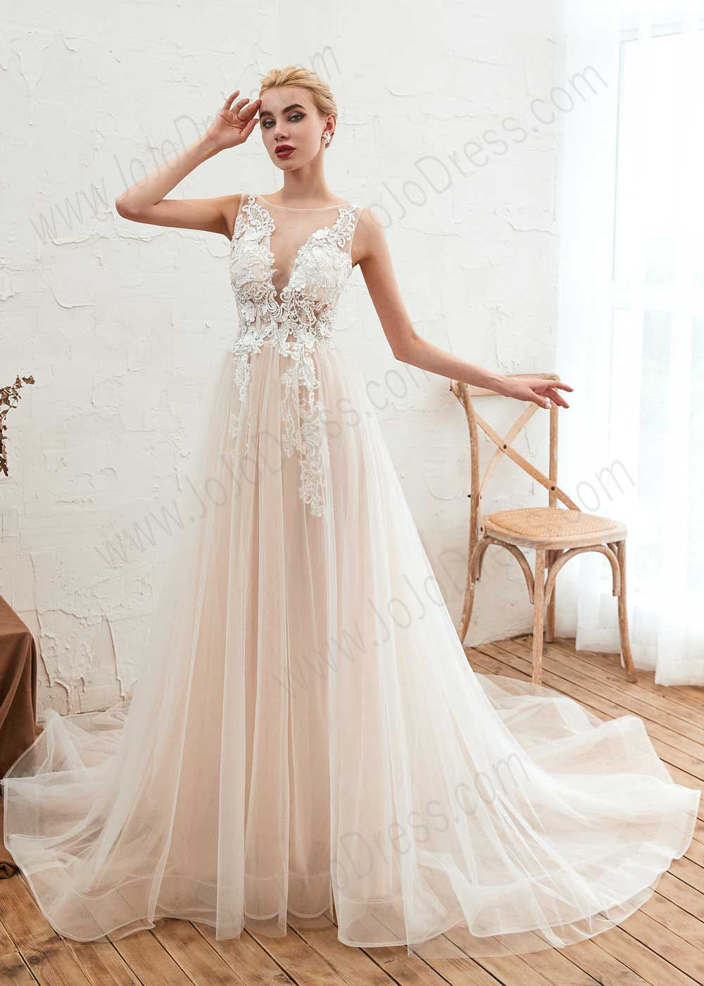 Bohemian A-line Tulle Lace Dress with Illusion Neckline