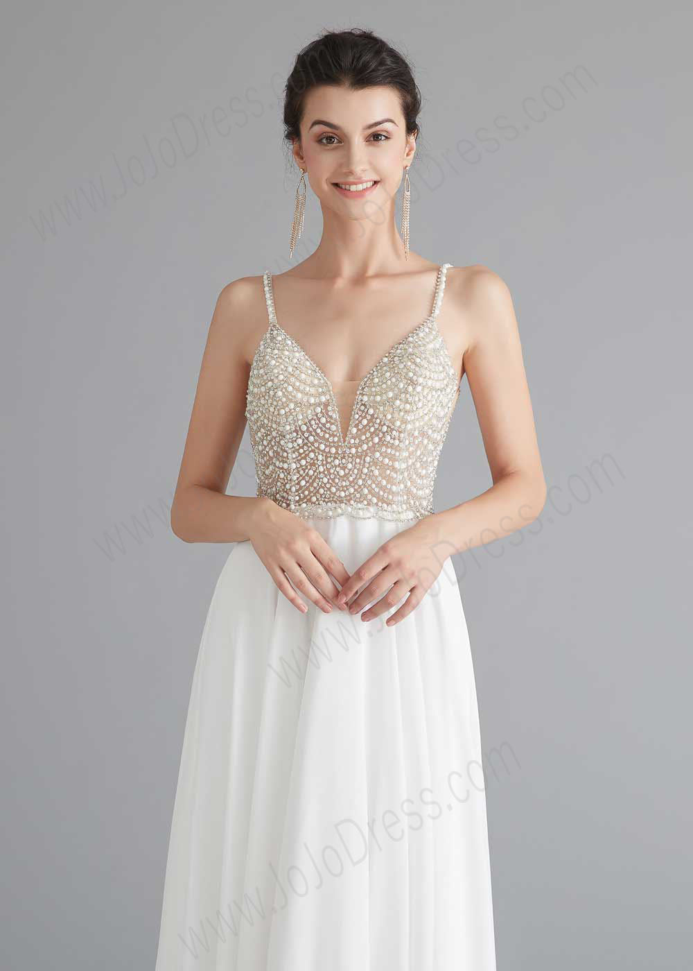 Long Chiffon Dress with Pearl top Size 14 / White Long Chiffon Dress with Pearl top Size 14 / White